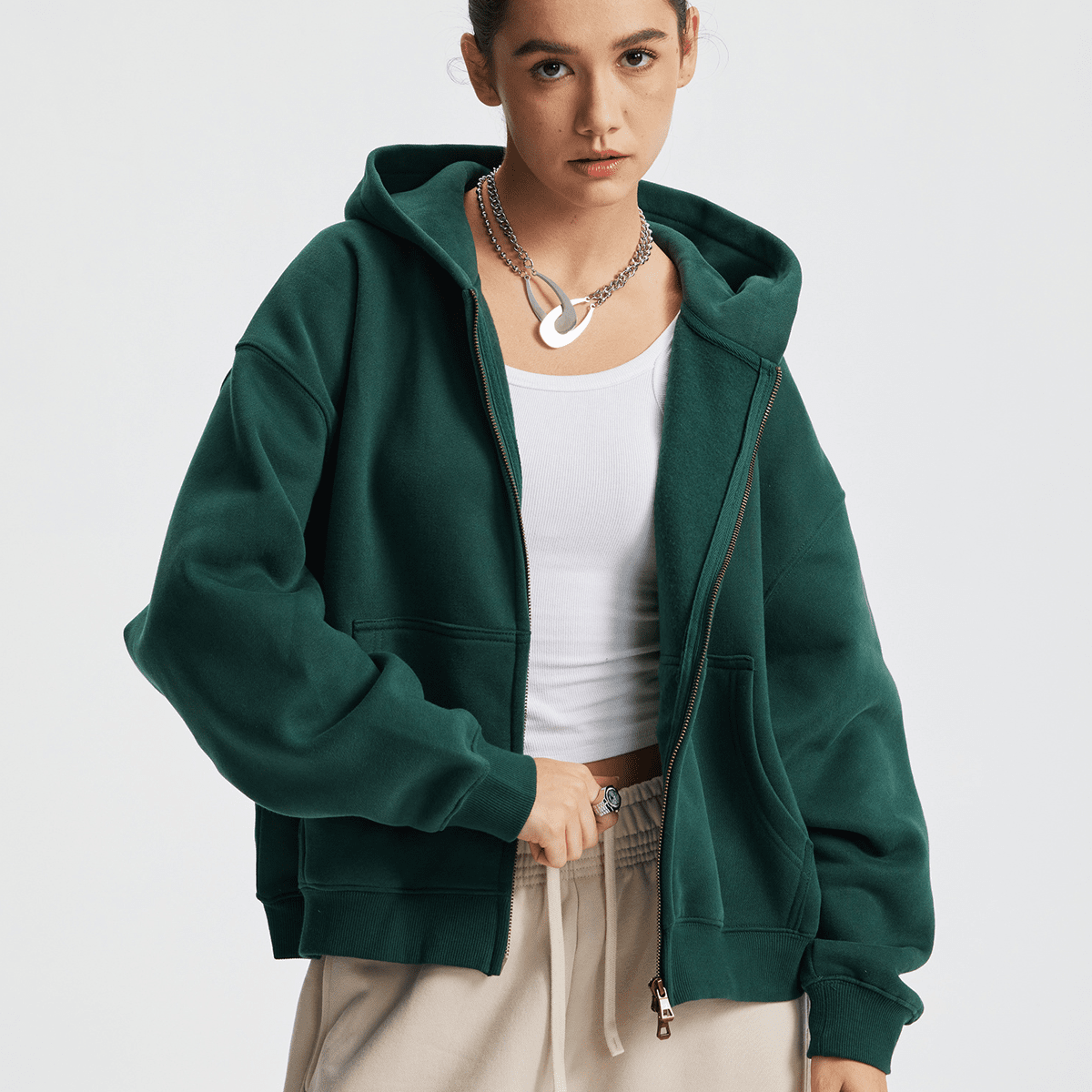 Hoodie boxy zippé ENVOI — Gris chiné