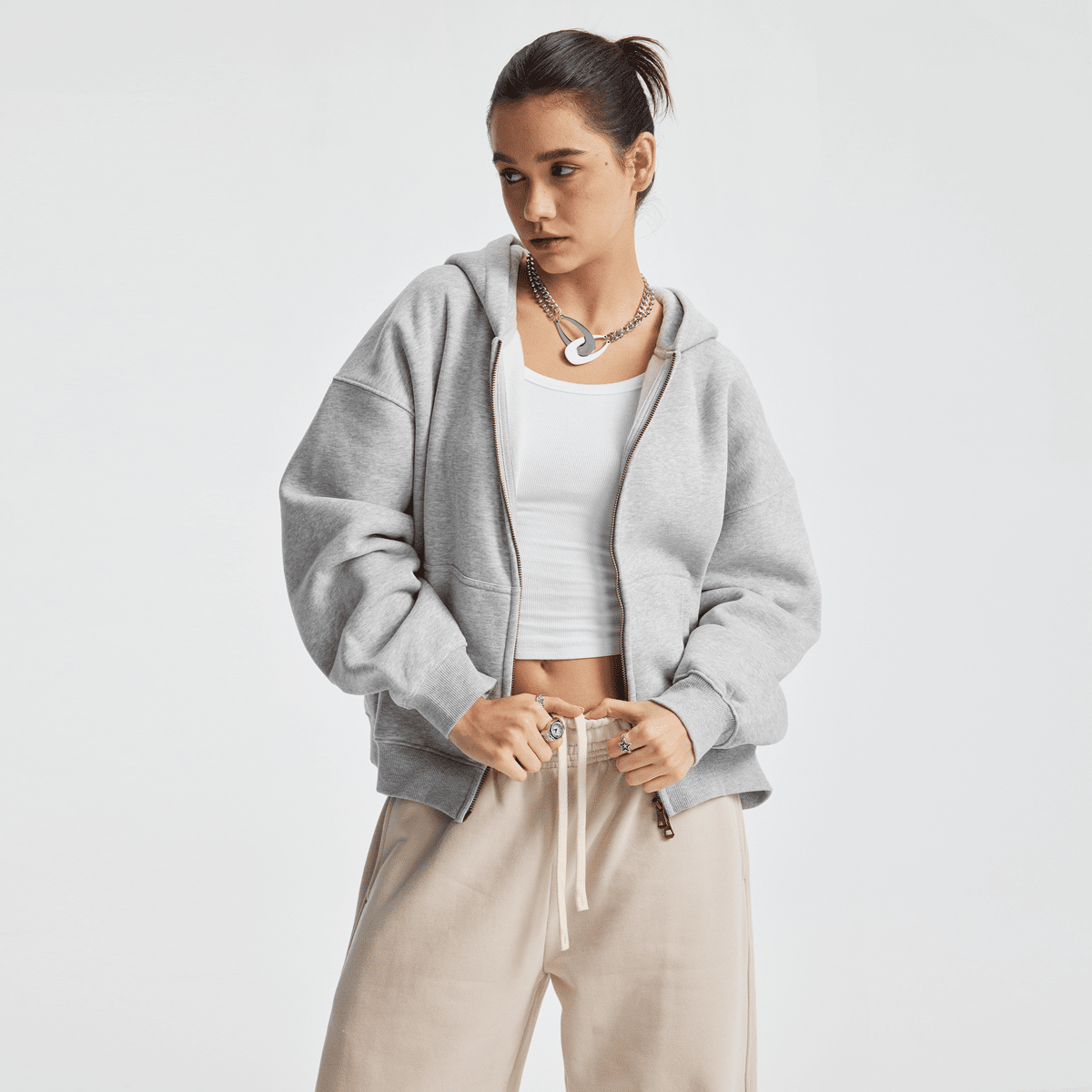 Hoodie boxy zippé ENVOI — Gris chiné