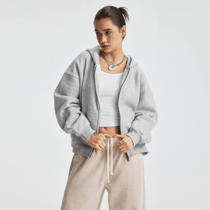 Hoodie boxy zippé ENVOI — Gris chiné