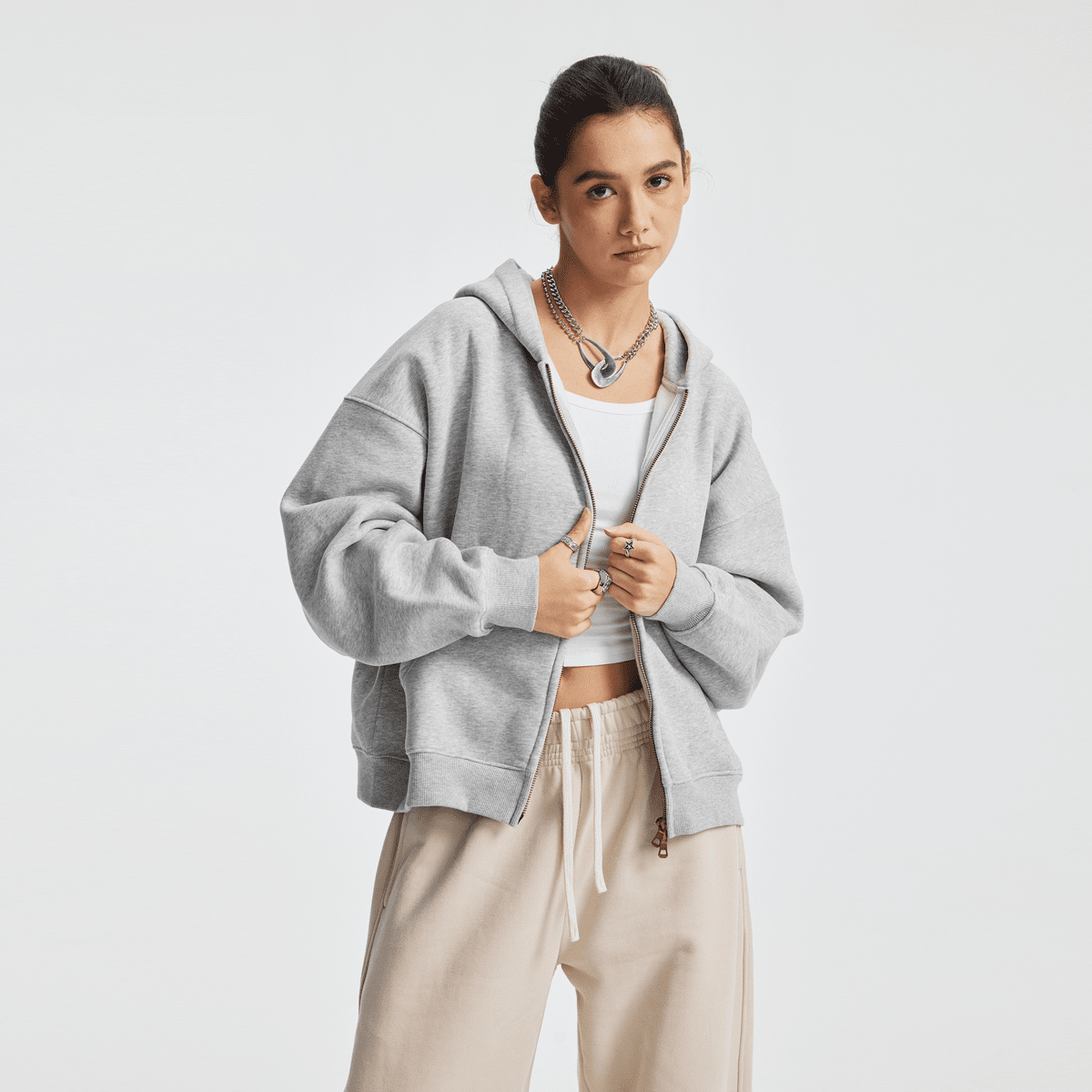 Hoodie boxy zippé ENVOI — Gris chiné