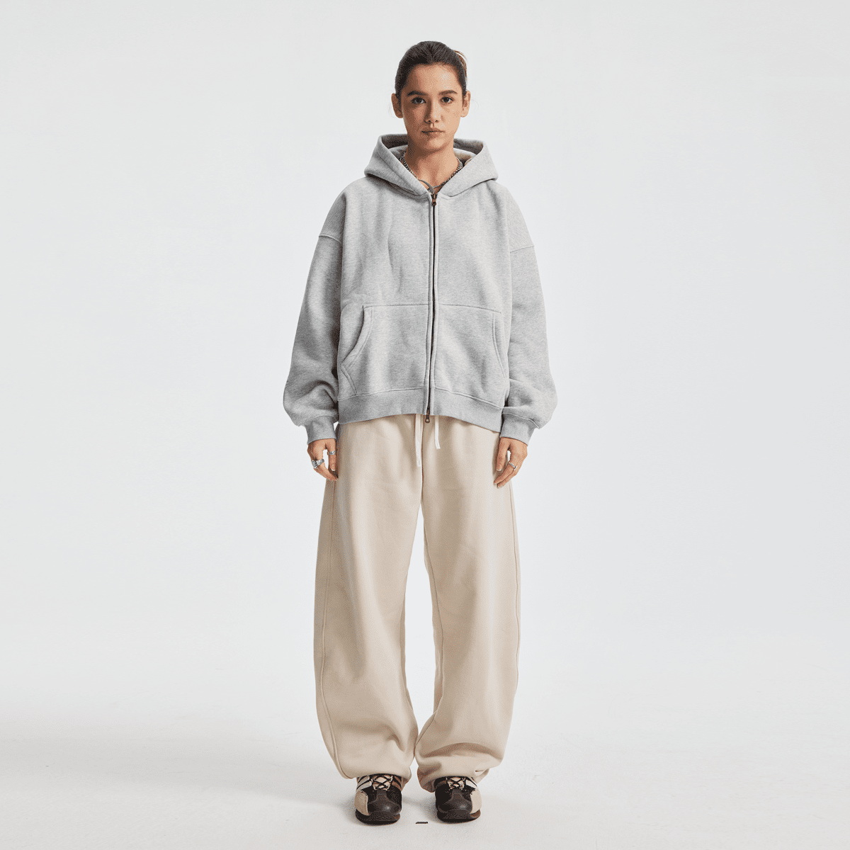 Hoodie boxy zippé ENVOI — Gris chiné