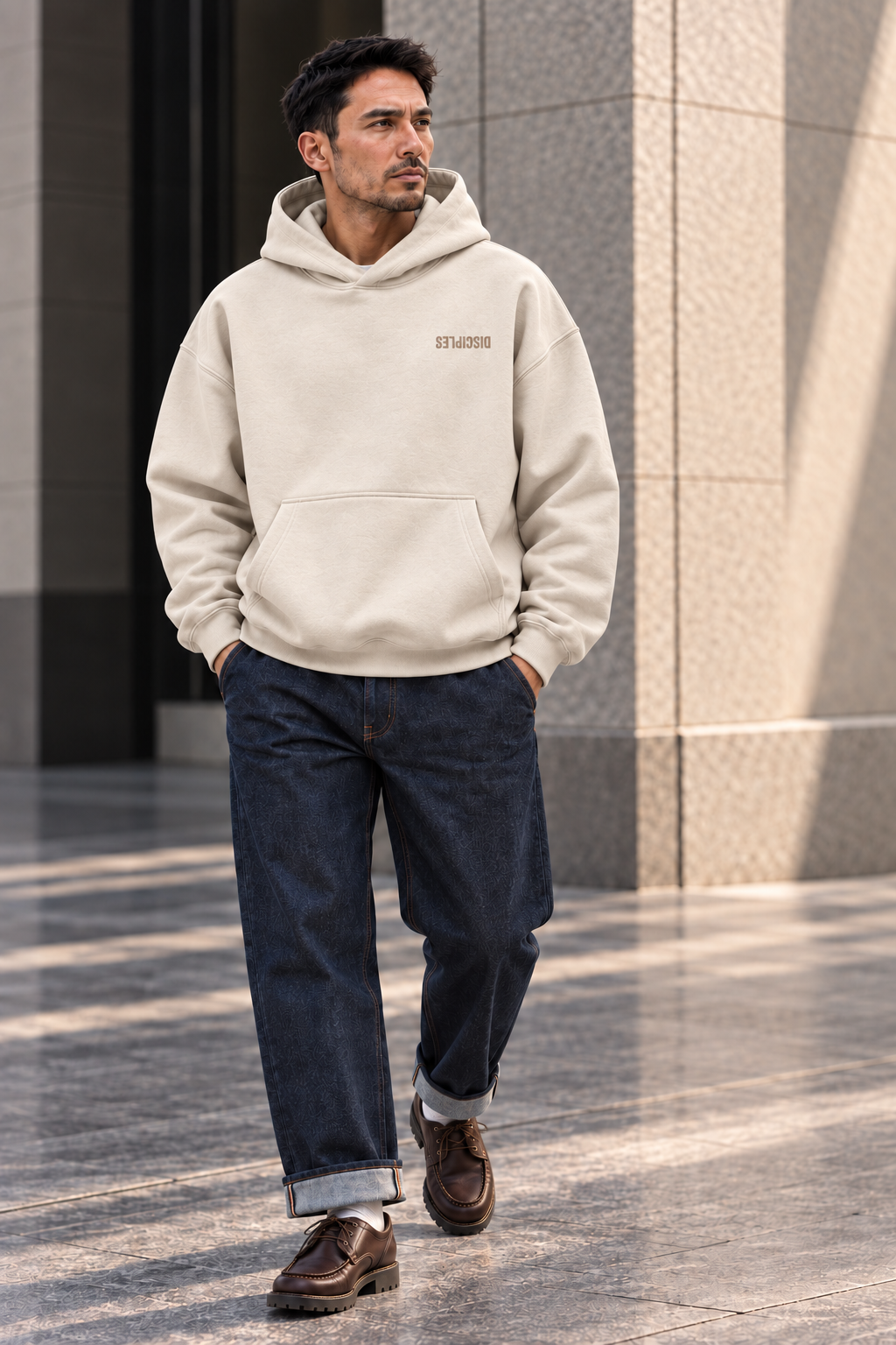 Homme portant un hoodie beige DISCIPLES dans un decor architectural contemporain